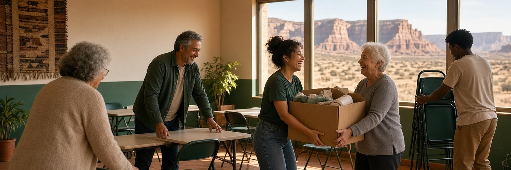 Volunteers setting up folding chairs and tables in a sunny community room, two women laughing as they carry a supply box, with mesas visible through the windows
