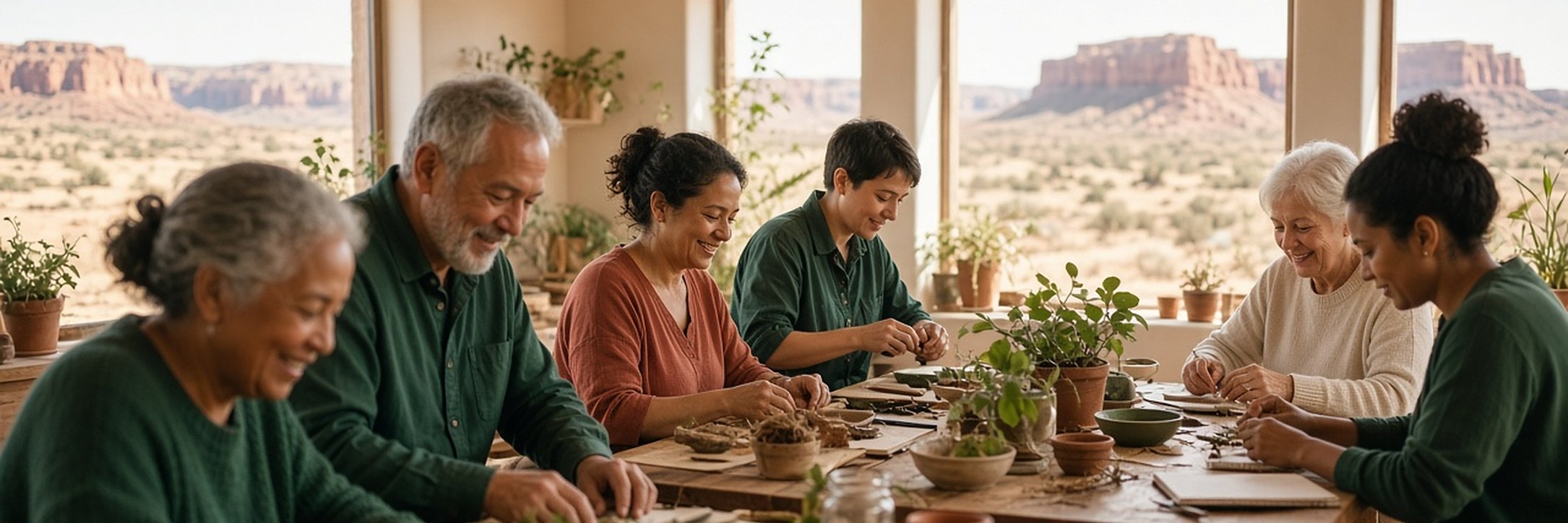 Adults of different ages smiling as they pot plants and take notes at long wooden workshop tables, with large windows looking out on a desert mesa