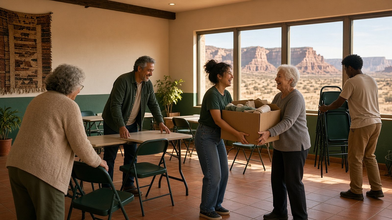 Volunteers setting up folding chairs and tables in a sunny community room, two women laughing as they carry a supply box, with mesas visible through the windows