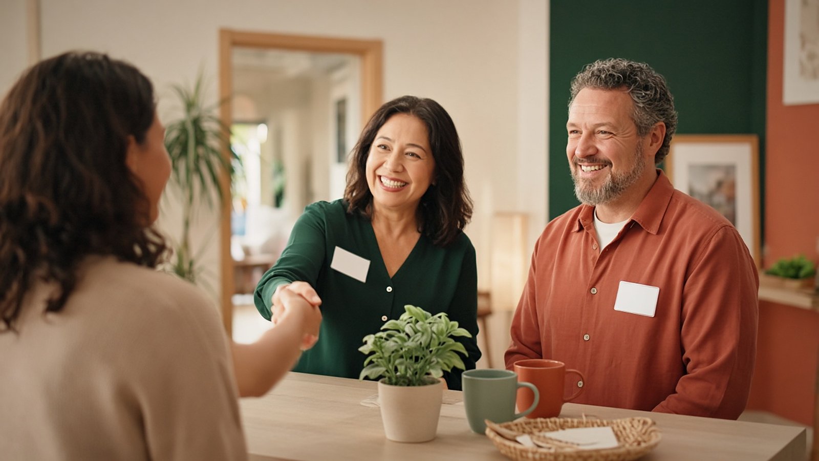 Two people wearing blank name badges at a welcome table with mugs and a small plant, one of them shaking hands with a newcomer