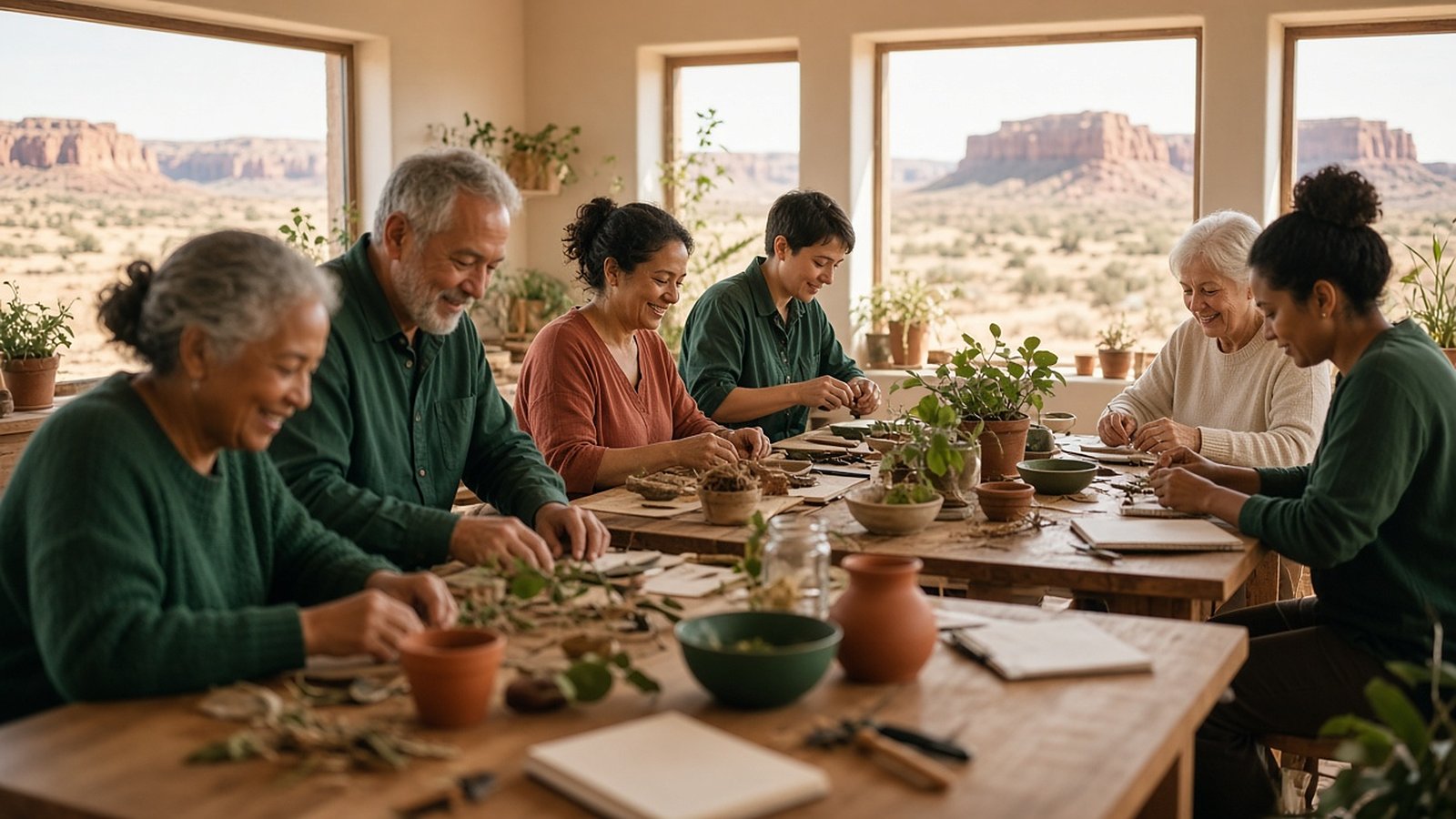 Adults of different ages smiling as they pot plants and take notes at long wooden workshop tables, with large windows looking out on a desert mesa
