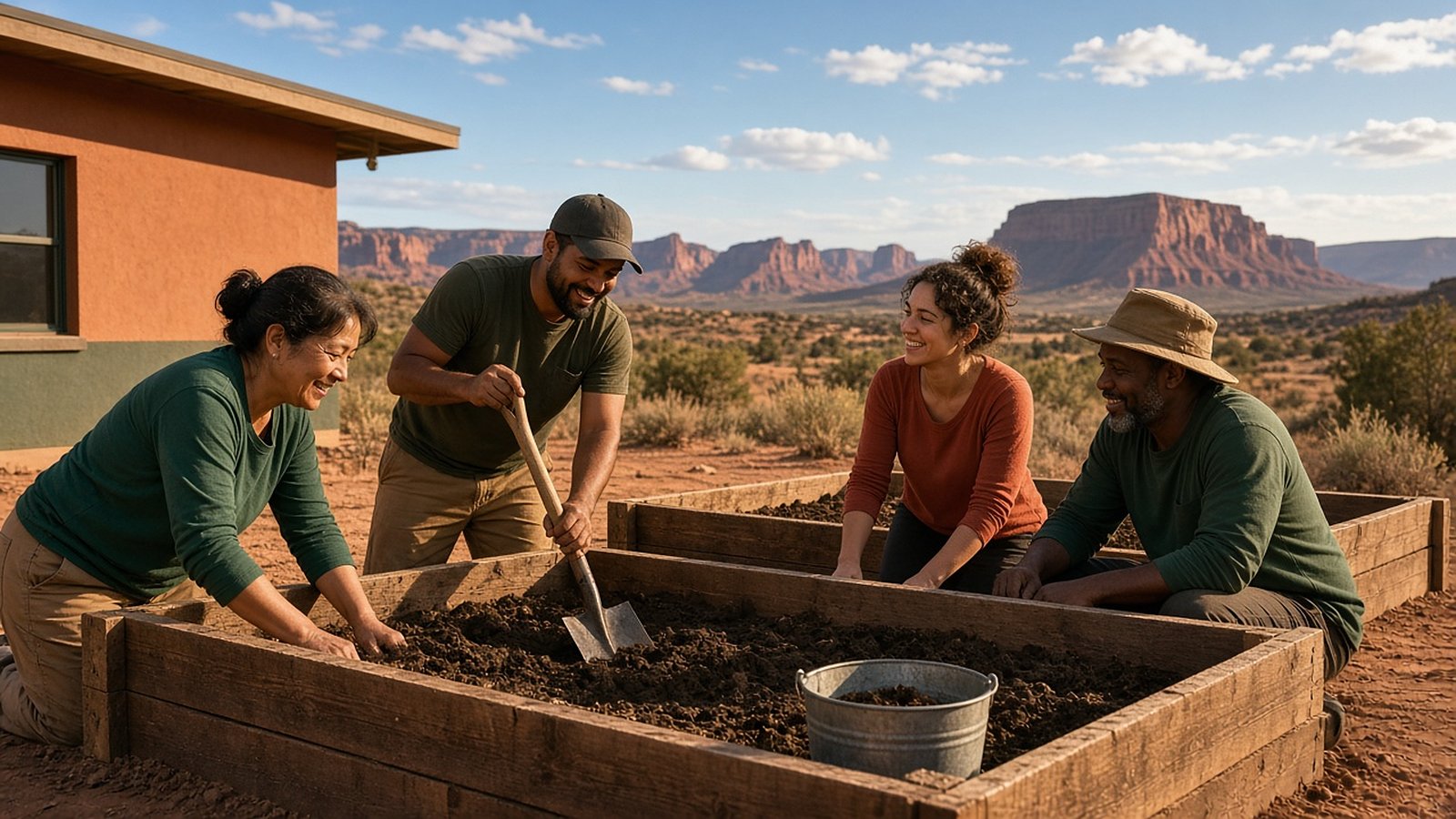 Four adults building and filling raised garden beds outside a terracotta-colored community building, with red mesas and a blue sky behind them