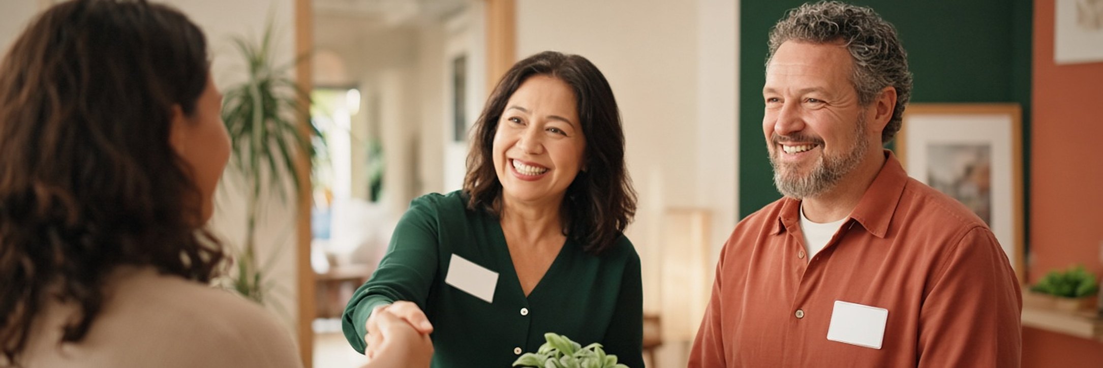 Two people wearing blank name badges at a welcome table with mugs and a small plant, one of them shaking hands with a newcomer